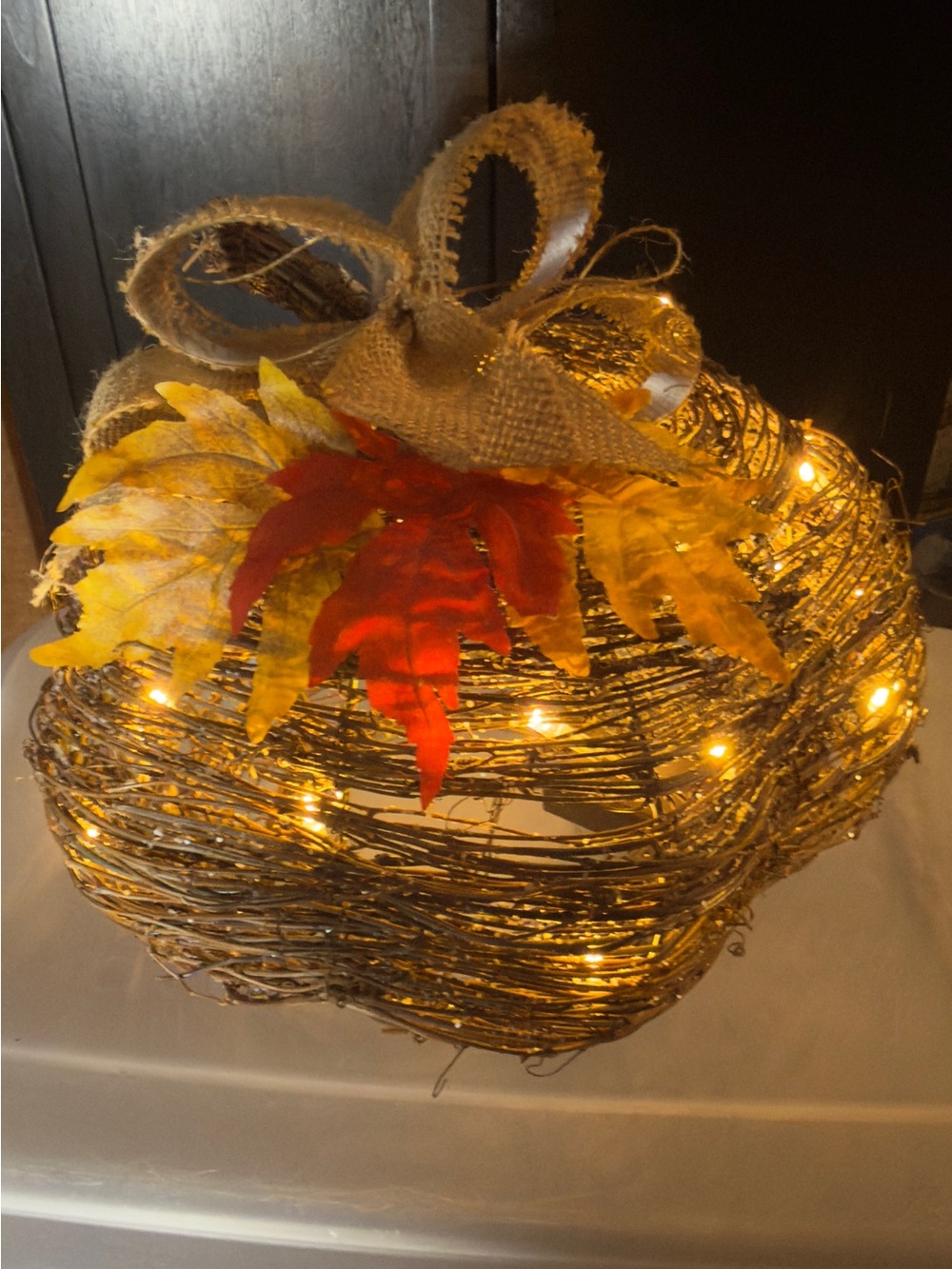 Handwoven Grapevine Pumpkin with Burlap Bow and Fall Leaves Light up - Picture 5 of 7